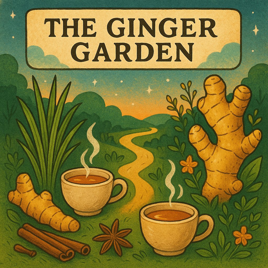 Illustrated path through a whimsical ginger tea garden with cups of steaming tea, fresh ginger, herbs, and spices at sunset – The Ginger Garden.