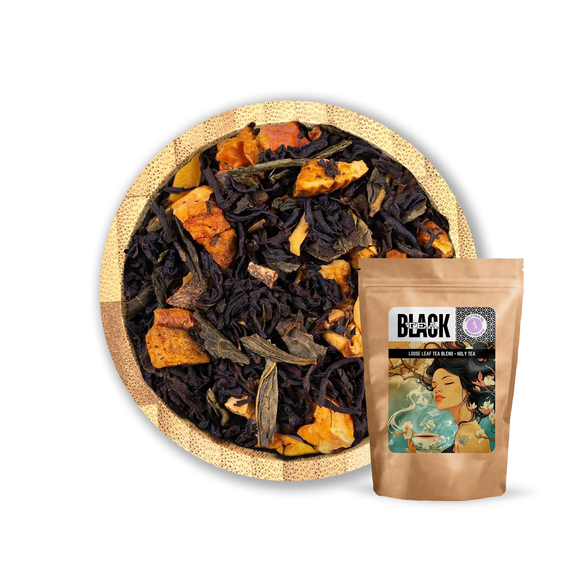 Mythic Whisper Tea Blend by Holy Tea, a Mediterranean-inspired mix of black and green tea with apple, almond, and cinnamon. - 50G