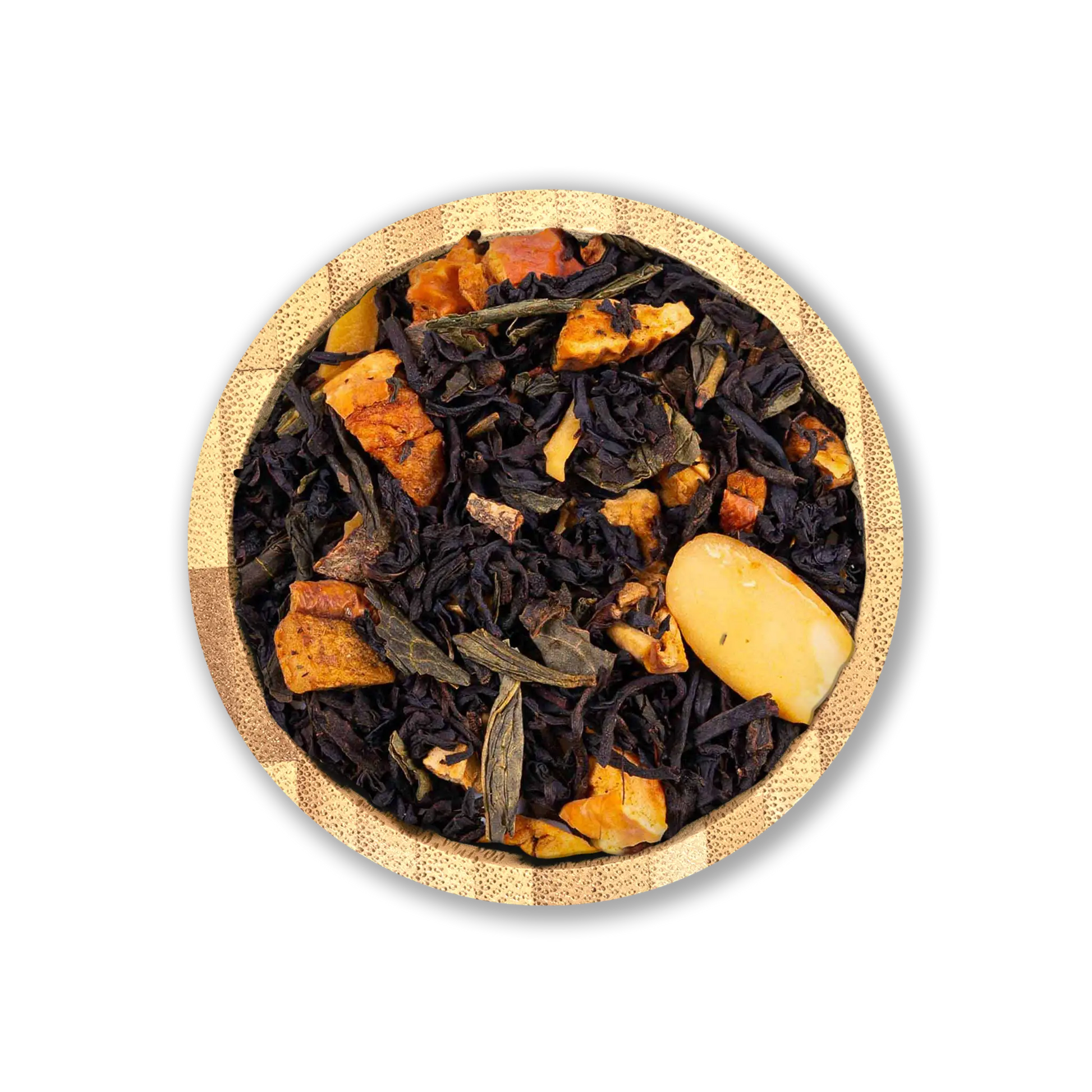 Mythic Whisper Tea Blend by Holy Tea, a Mediterranean-inspired mix of black and green tea with apple, almond, and cinnamon.