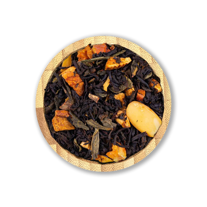 Mythic Whisper Tea Blend by Holy Tea, a Mediterranean-inspired mix of black and green tea with apple, almond, and cinnamon.