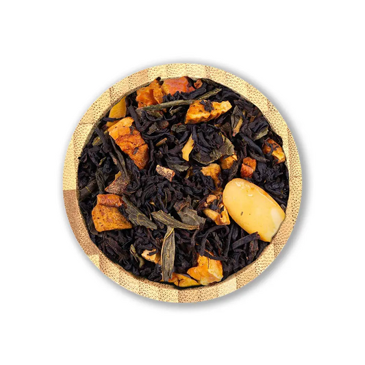 Mythic Whisper Tea Blend by Holy Tea, a Mediterranean-inspired mix of black and green tea with apple, almond, and cinnamon.