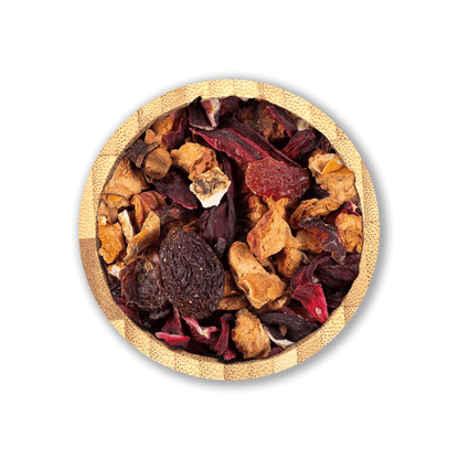 Christmas Cheer Tea Blend by Holy Tea, a festive organic blend of apple, hibiscus, cinnamon, and holiday spices.