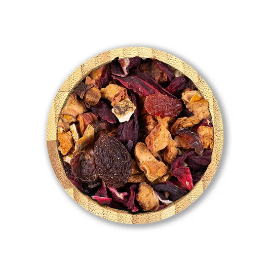 Christmas Cheer Tea Blend by Holy Tea, a festive organic blend of apple, hibiscus, cinnamon, and holiday spices.