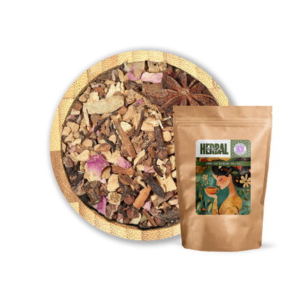 Winter Spice Chai Blend by Holy Tea, a bold organic chai with ginger, cinnamon, cacao, and Black Tea Darjeeling. - 100G