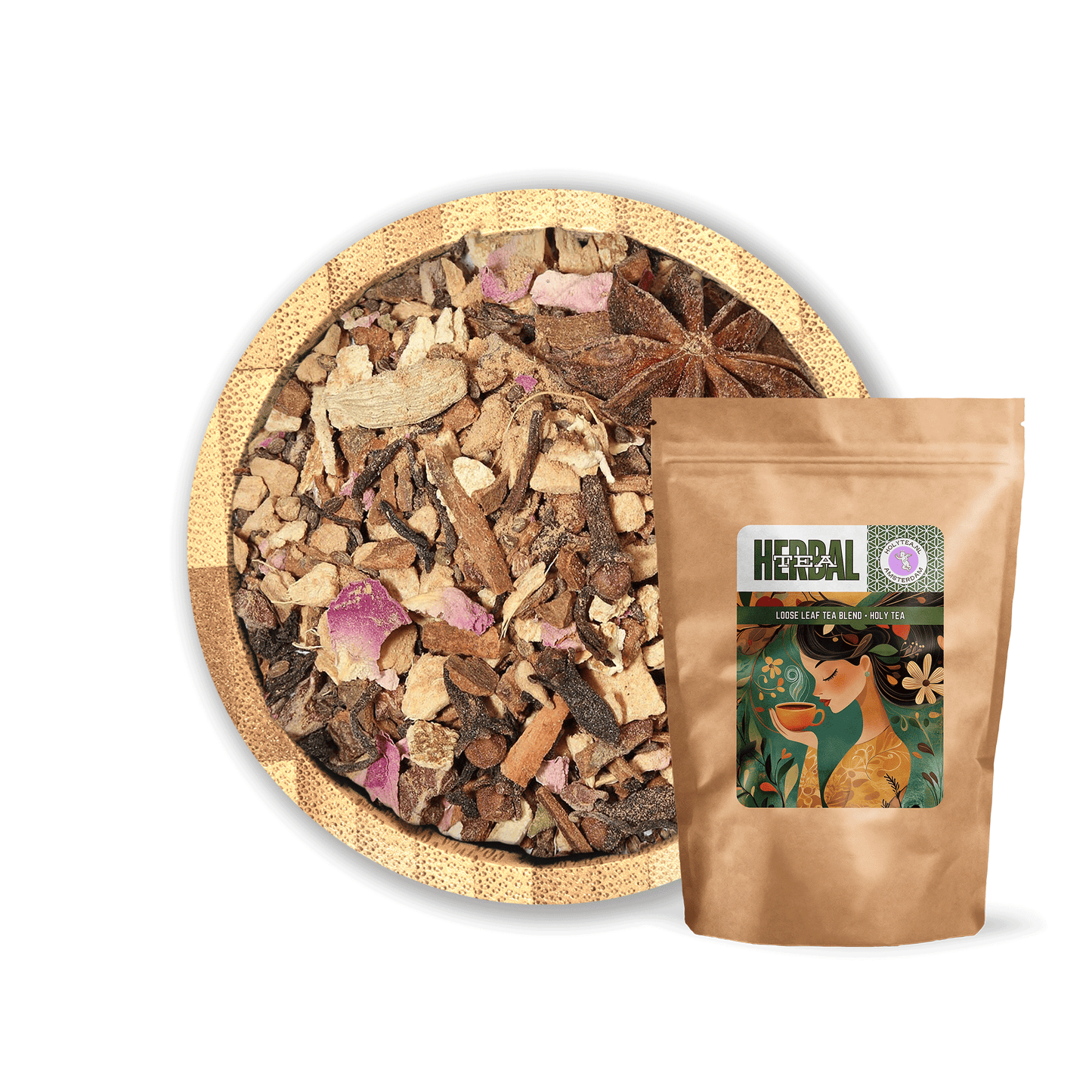 Winter Spice Chai Blend by Holy Tea, a bold organic chai with ginger, cinnamon, cacao, and Black Tea Darjeeling. - 100G