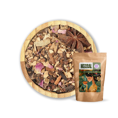 Winter Spice Chai Blend by Holy Tea, a bold organic chai with ginger, cinnamon, cacao, and Black Tea Darjeeling. - 50G