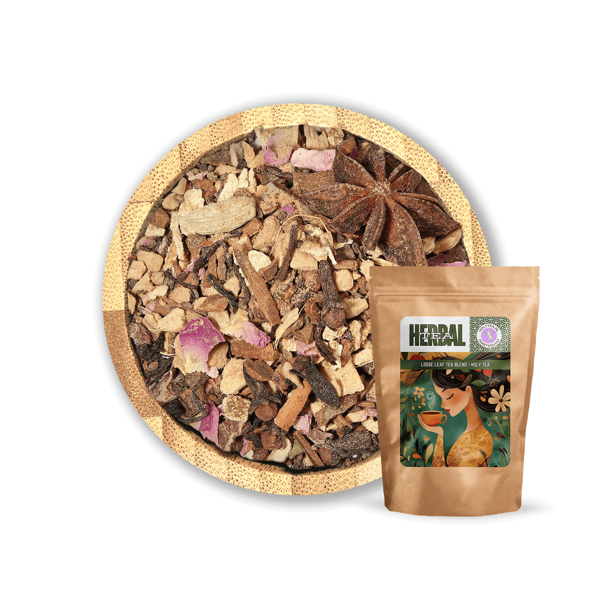 Winter Spice Chai Blend by Holy Tea, a bold organic chai with ginger, cinnamon, cacao, and Black Tea Darjeeling. - 50G