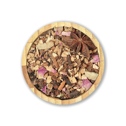 Winter Spice Chai Blend by Holy Tea, a bold organic chai with ginger, cinnamon, cacao, and Black Tea Darjeeling.