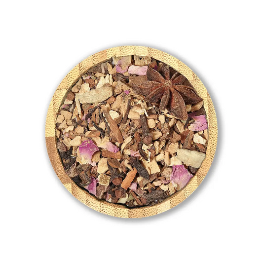 Winter Spice Chai Blend by Holy Tea, a bold organic chai with ginger, cinnamon, cacao, and Black Tea Darjeeling.