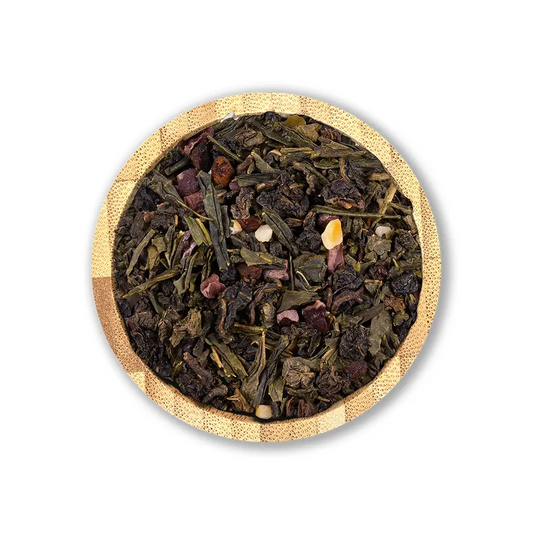 Sweet Sensation Tea Blend by Holy Tea, a decadent mix of Oolong, Green Tea, hazelnut, and cacao with marzipan and brownie flavors.