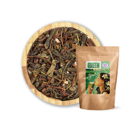 Roasted Nut Tea Blend by Holy Tea, a nutty mix of Green Tea, hazelnut, walnut, and coconut with cinnamon and ginger. - 100G