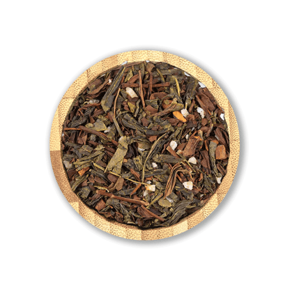 Roasted Nut Tea Blend by Holy Tea, a nutty mix of Green Tea, hazelnut, walnut, and coconut with cinnamon and ginger.