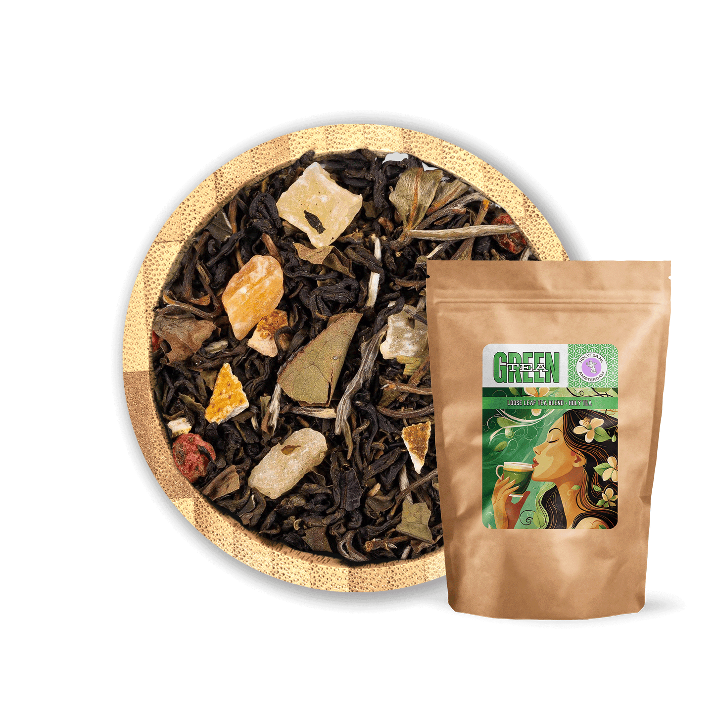 Dragon’s Breath Tea Blend by Holy Tea, a refreshing mix of green and white tea with lychee, peach, and tropical fruits. - 100G