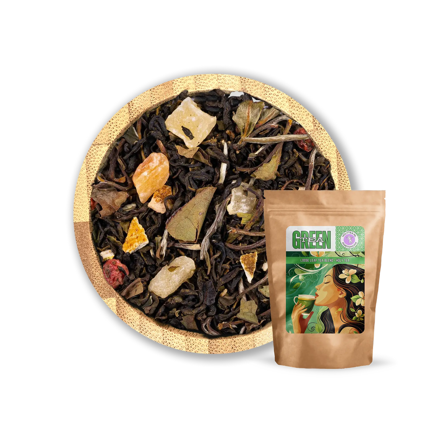 Dragon’s Breath Tea Blend by Holy Tea, a refreshing mix of green and white tea with lychee, peach, and tropical fruits. - 50G