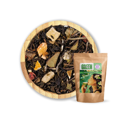 Dragon’s Breath Tea Blend by Holy Tea, a refreshing mix of green and white tea with lychee, peach, and tropical fruits. - 50G