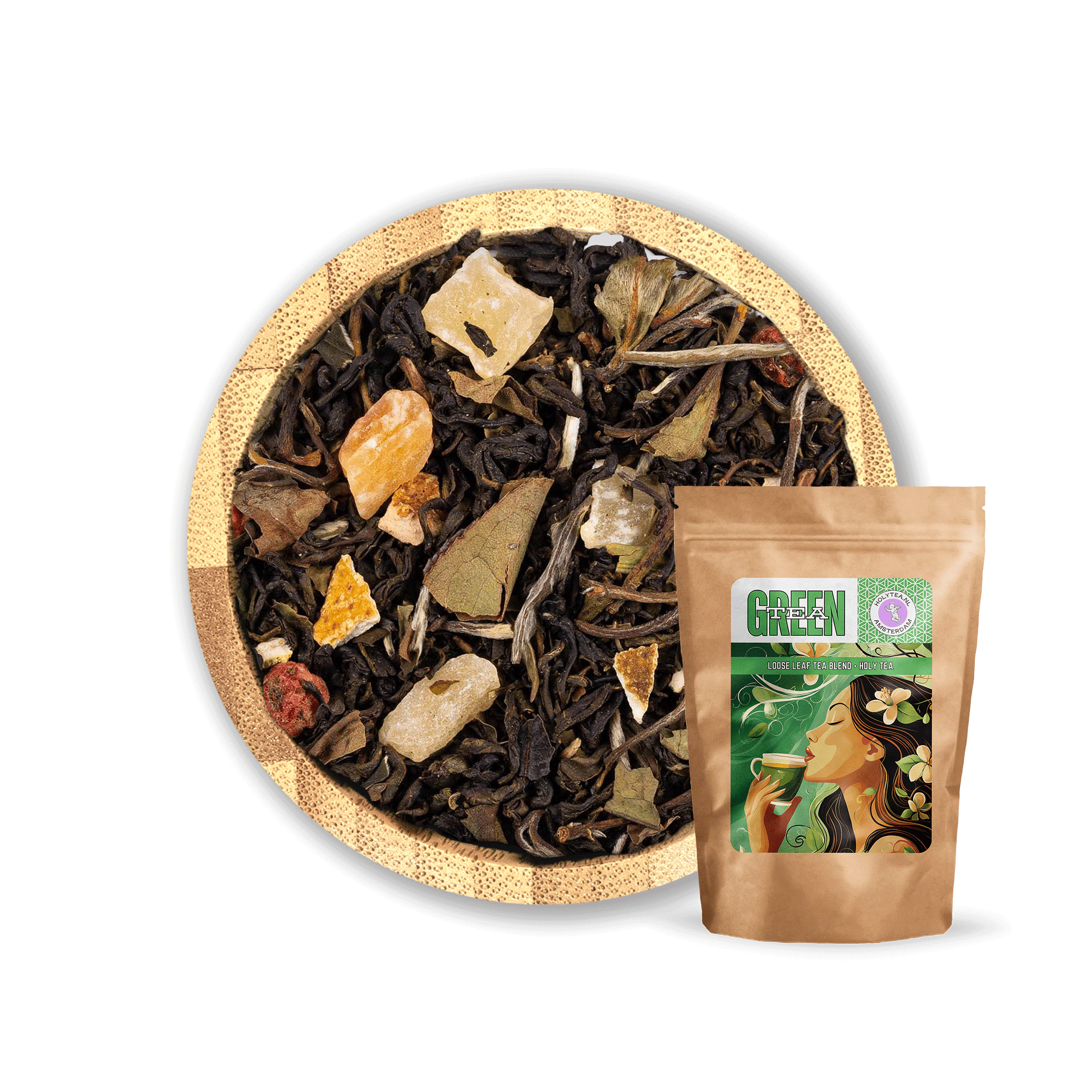 Dragon’s Breath Tea Blend by Holy Tea, a refreshing mix of green and white tea with lychee, peach, and tropical fruits. - 50G