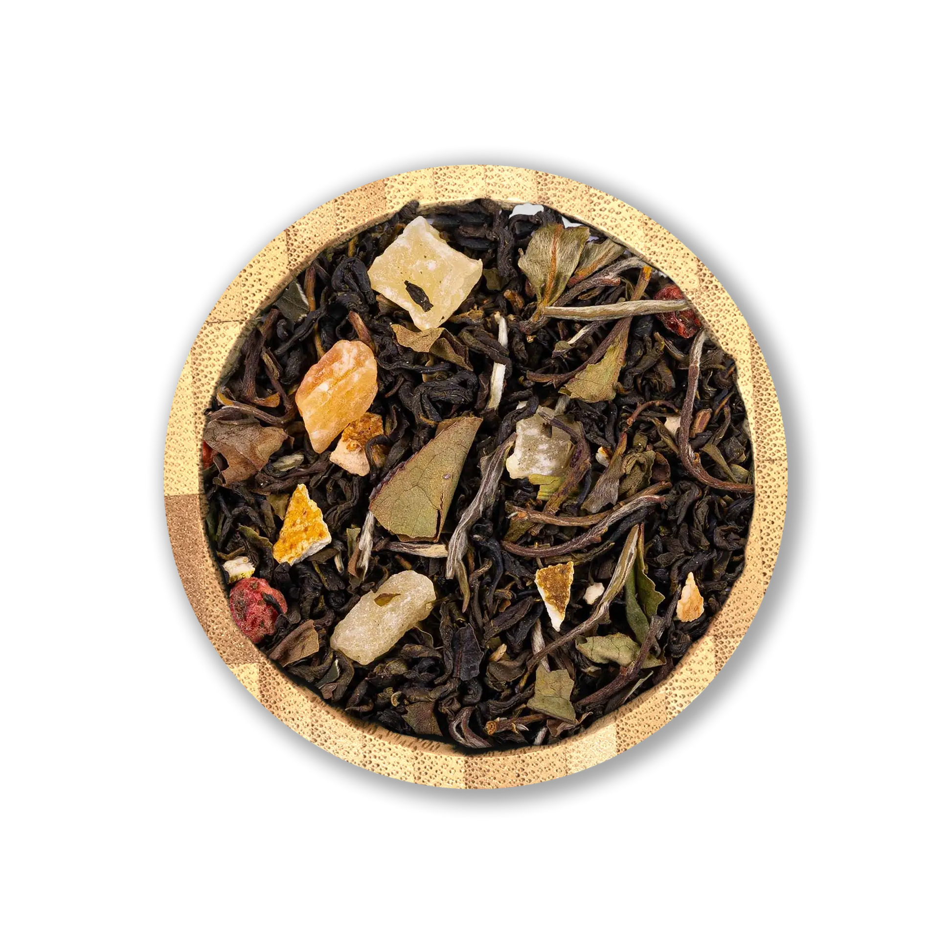 Dragon’s Breath Tea Blend by Holy Tea, a refreshing mix of green and white tea with lychee, peach, and tropical fruits.