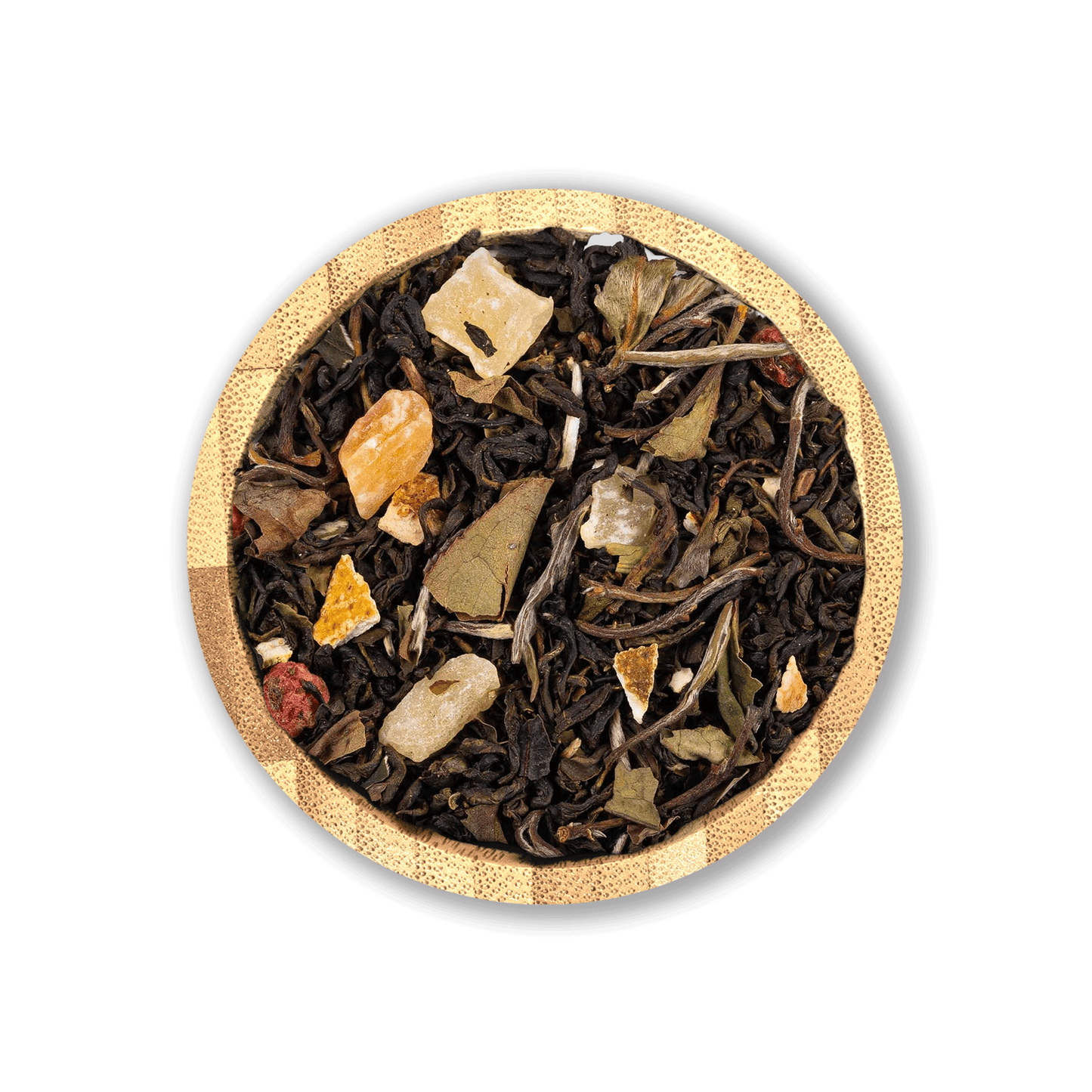 Dragon’s Breath Tea Blend by Holy Tea, a refreshing mix of green and white tea with lychee, peach, and tropical fruits.