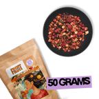 Vernal Muse fruit tea 50g package by Holy Tea with loose leaf berry blend and brewed tea cup