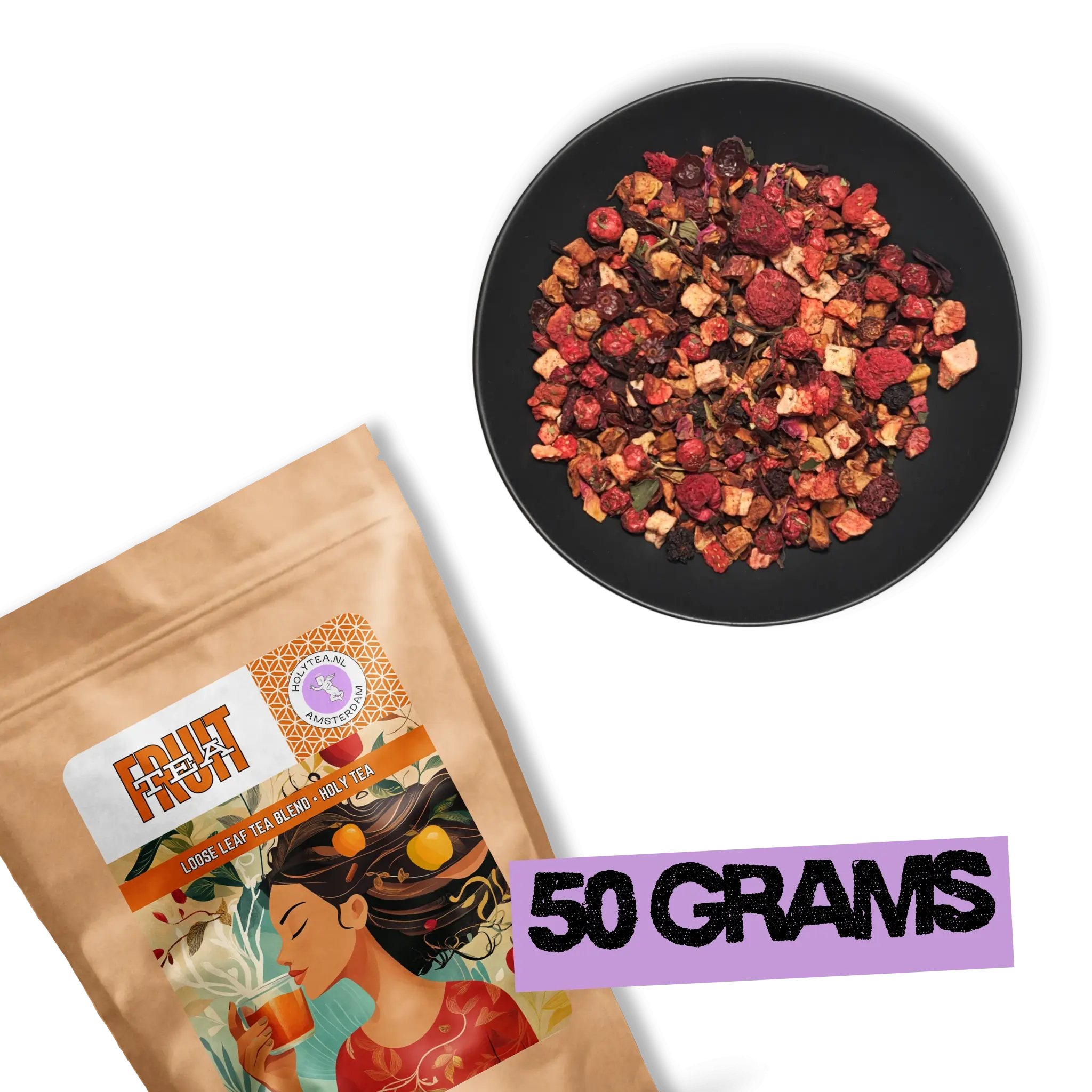 Vernal Muse fruit tea 50g package by Holy Tea with loose leaf berry blend and brewed tea cup