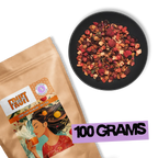 Vernal Muse fruit tea 100g package by Holy Tea shown with loose leaf berry blend on black background