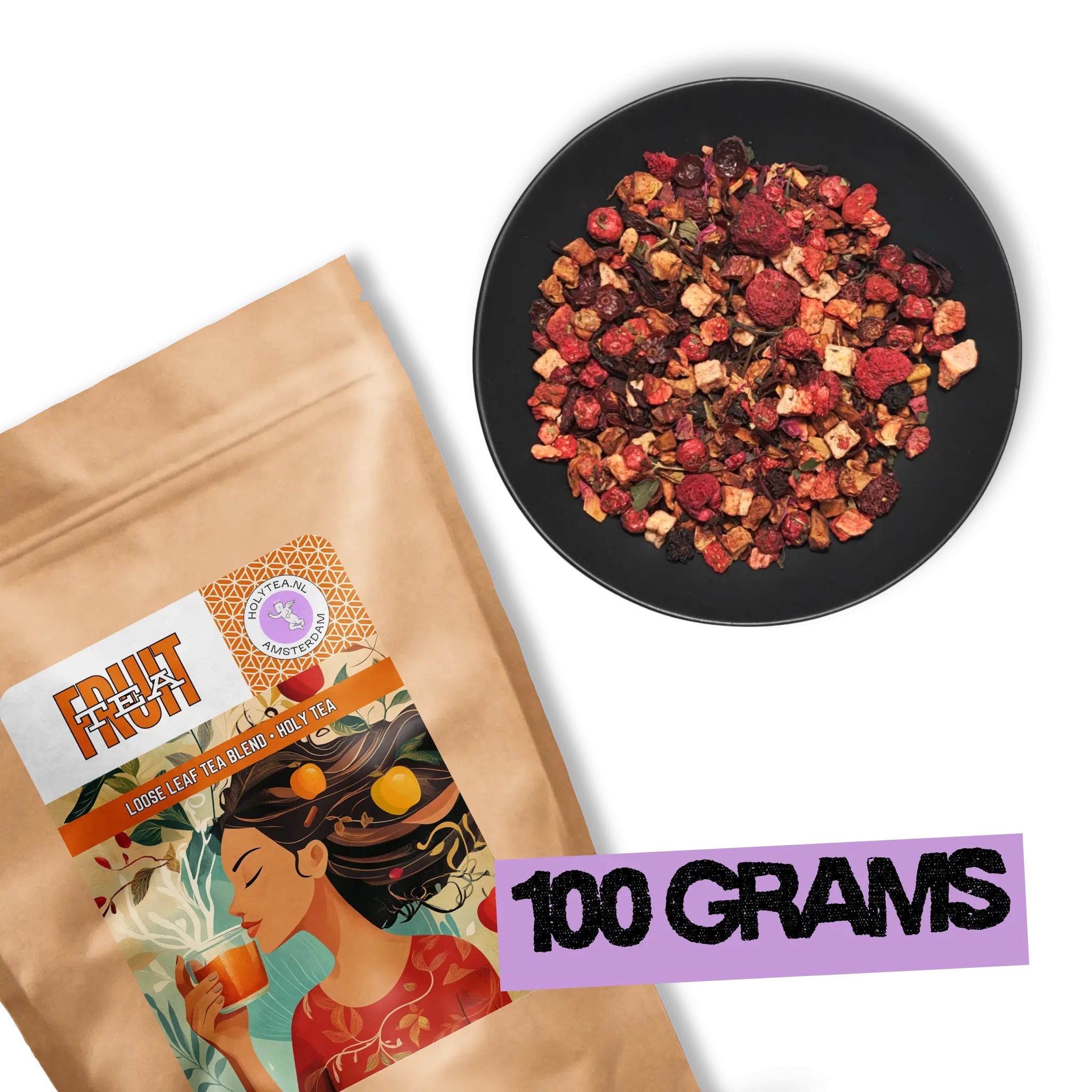 Vernal Muse fruit tea 100g package by Holy Tea shown with loose leaf berry blend on black background