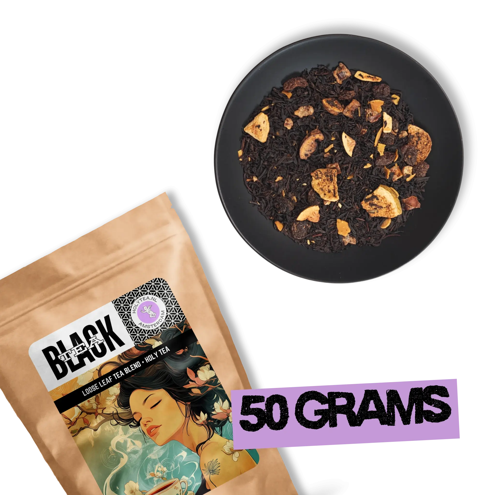 Caravan of Palmyra loose leaf black tea 50g pouch with dried fruit and almond blend displayed on black background.