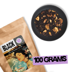 Caravan of Palmyra loose leaf black tea 100g package with fig, date and almond blend on black background.