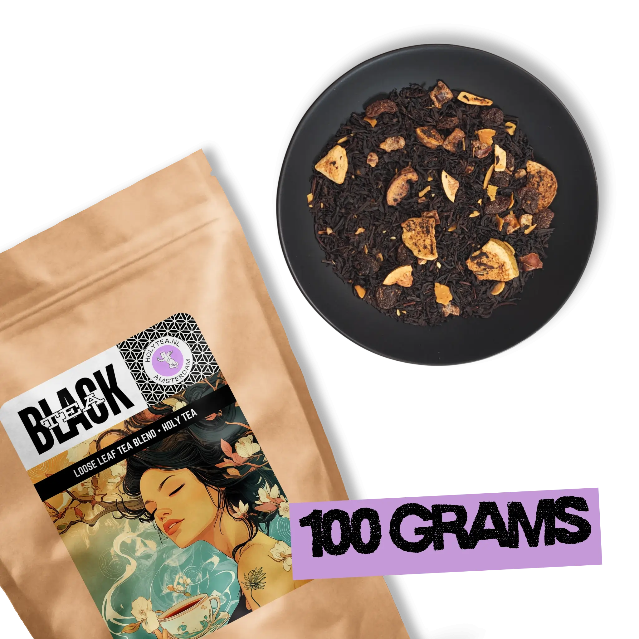Caravan of Palmyra loose leaf black tea 100g package with fig, date and almond blend on black background.