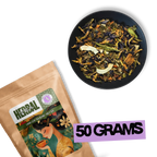 Azure Alchemy golden blue herbal tea 50g pouch by Holy Tea Amsterdam with loose leaf blend and vibrant blue brewed infusion