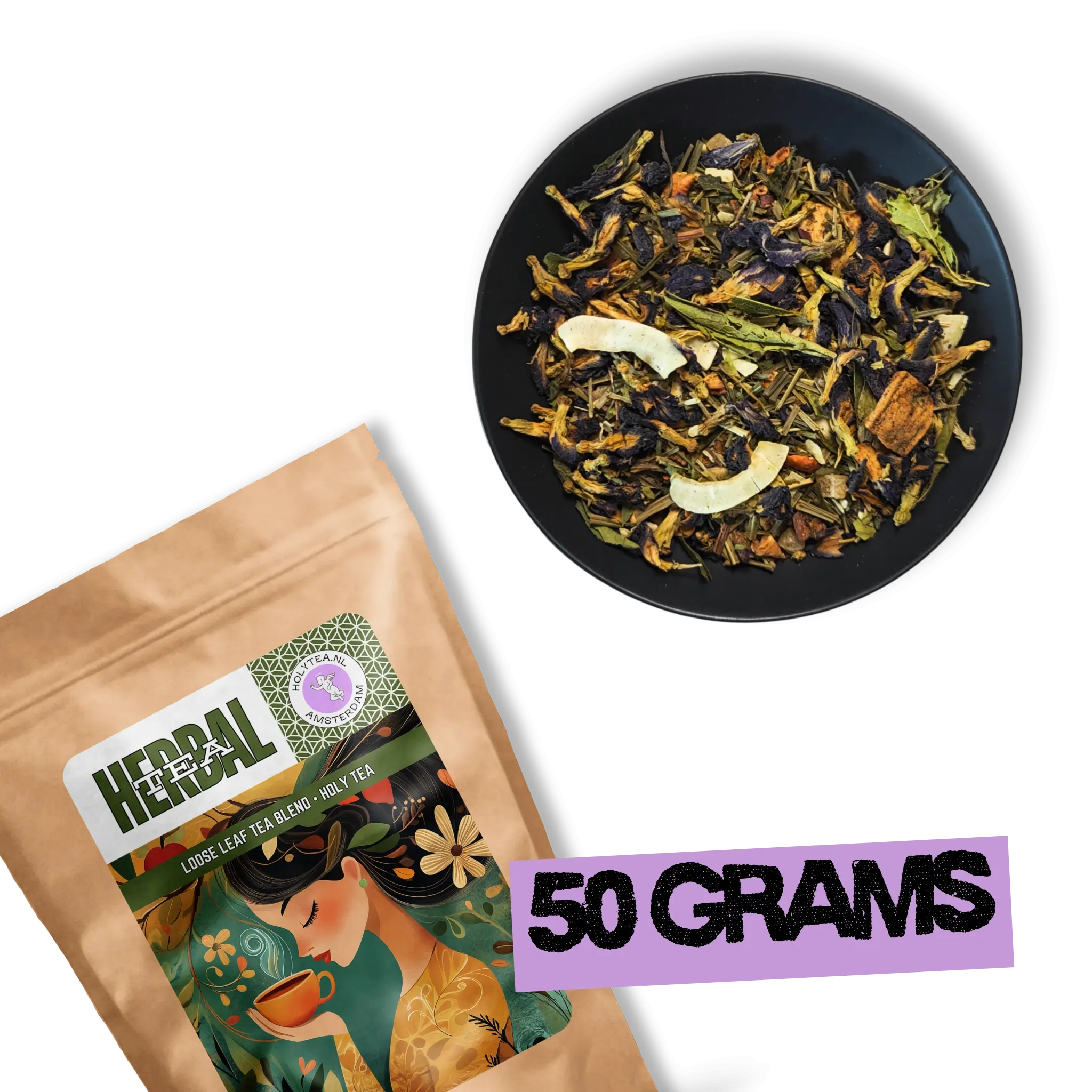 Azure Alchemy golden blue herbal tea 50g pouch by Holy Tea Amsterdam with loose leaf blend and vibrant blue brewed infusion