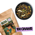 Azure Alchemy golden blue herbal tea 100g pouch by Holy Tea Amsterdam with loose leaf botanical blend and blue tea infusion