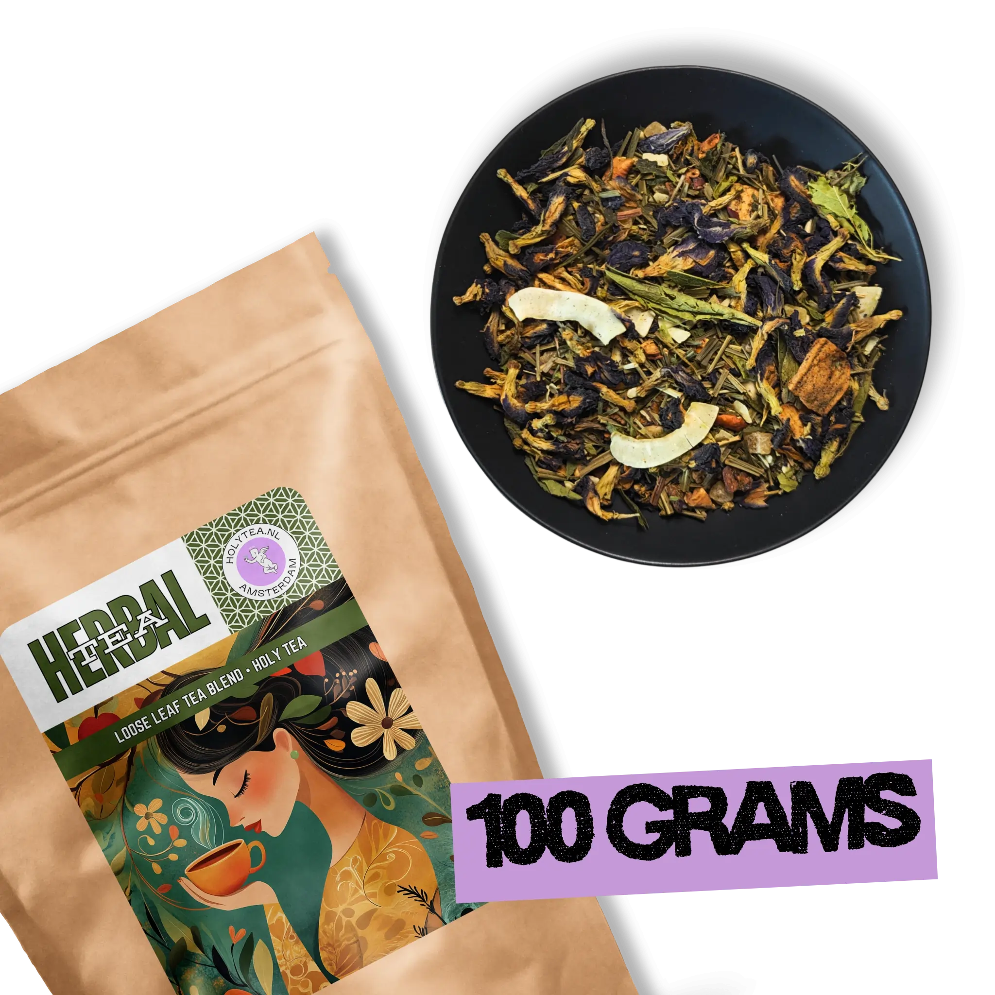 Azure Alchemy golden blue herbal tea 100g pouch by Holy Tea Amsterdam with loose leaf botanical blend and blue tea infusion