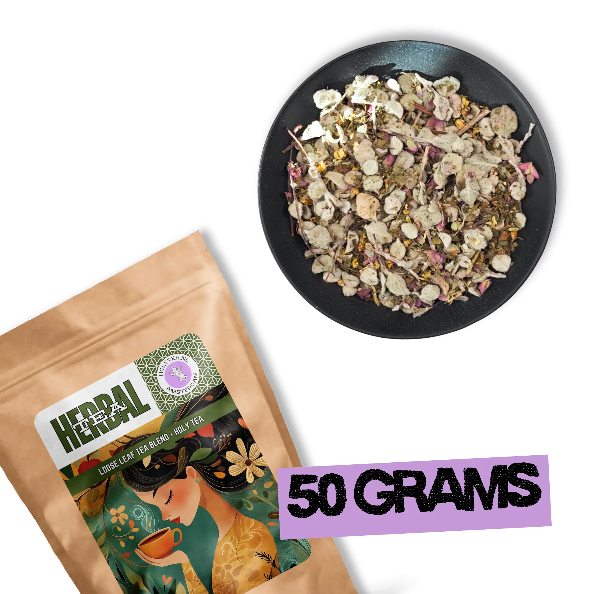 Aether of Crete herbal tea 50 grams packaging by Holy Tea Amsterdam – organic Mediterranean mountain blend.