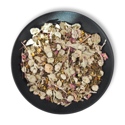 Aether of Crete organic herbal tea by Holy Tea Amsterdam – loose leaf blend with Cretan dittany, sage and citrus peel in kraft pouch with brewed infusion and dry leaves.