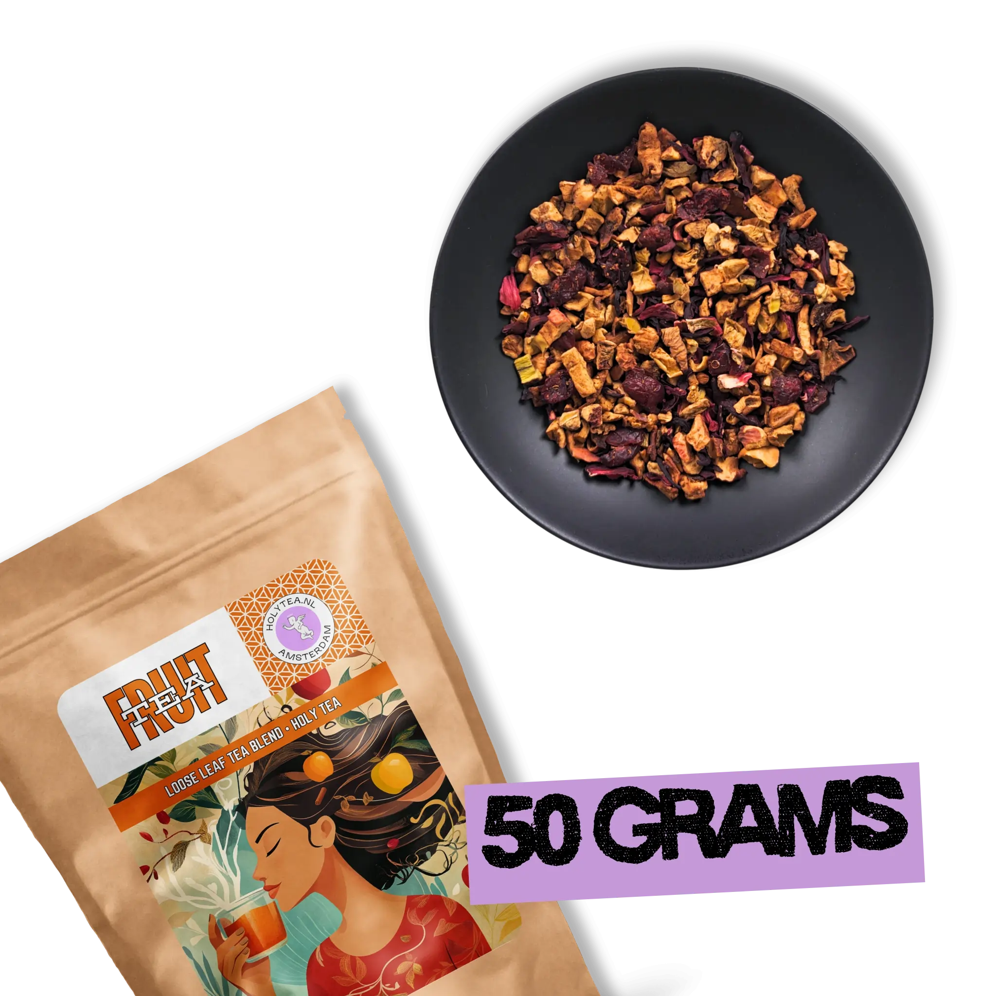 Crimson Orchard loose-leaf fruit tea blend with apple and hibiscus next to 50g Holy Tea package