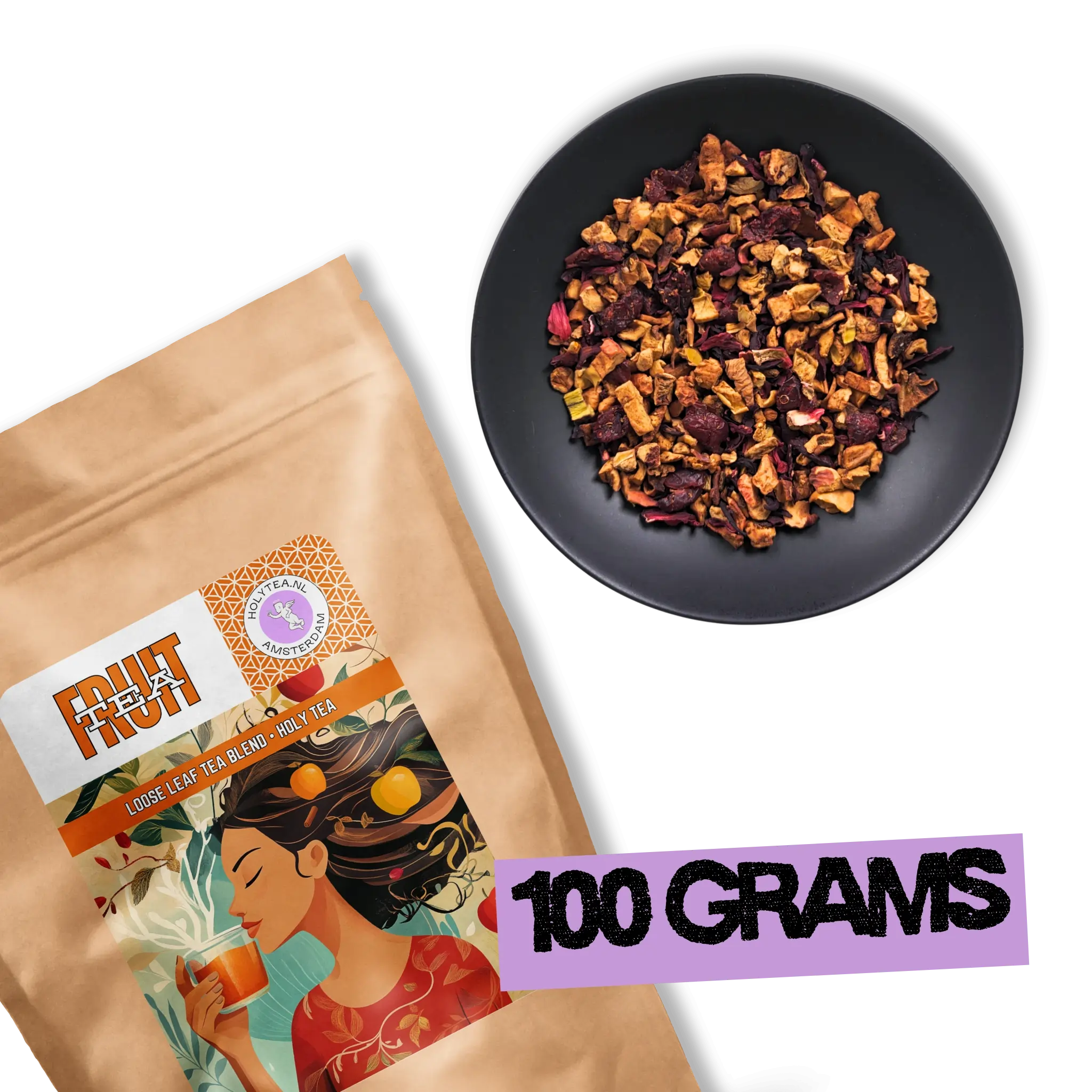 Crimson Orchard loose-leaf fruit tea blend with apple and hibiscus next to 100g Holy Tea package