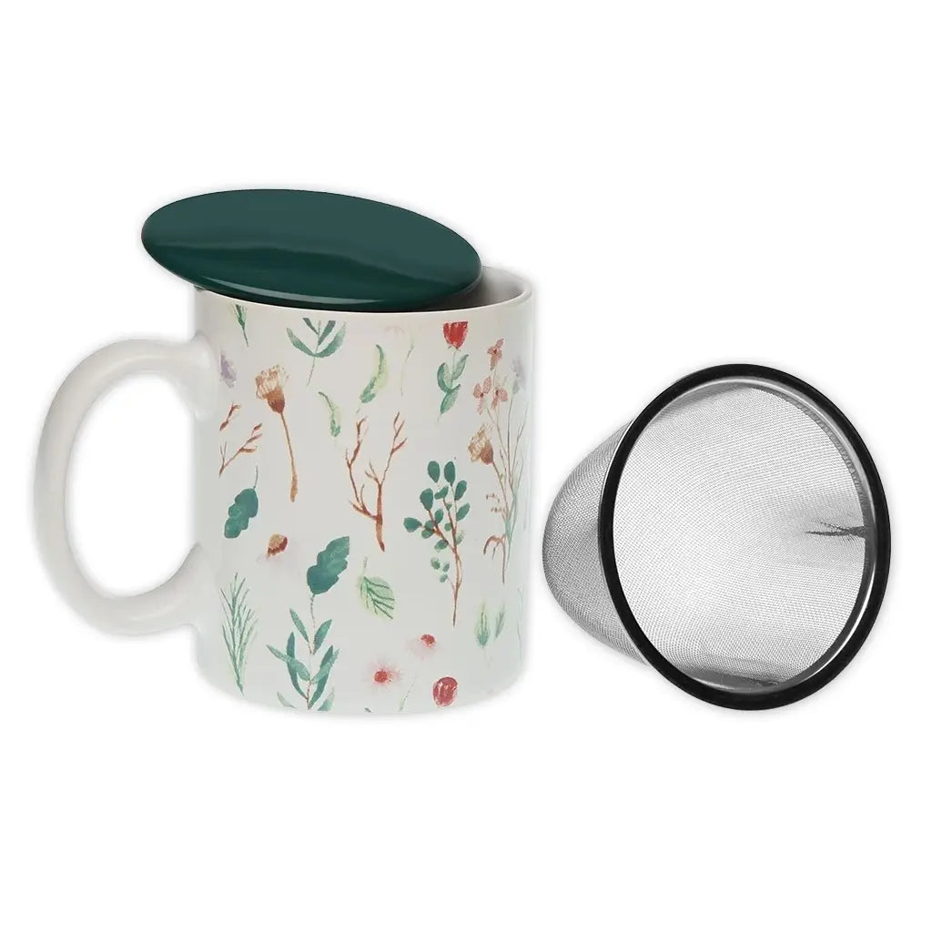 Floral-themed stoneware tea cup with delicate flower pattern, stainless steel infuser, and matching green lid, Sansa design by Holy Tea.