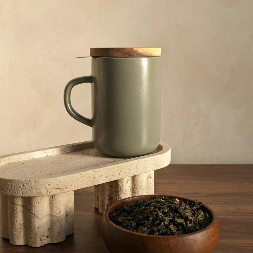 Minimal Almond green stoneware Juliet mug with closed acacia wood lid on a terrazzo stand.