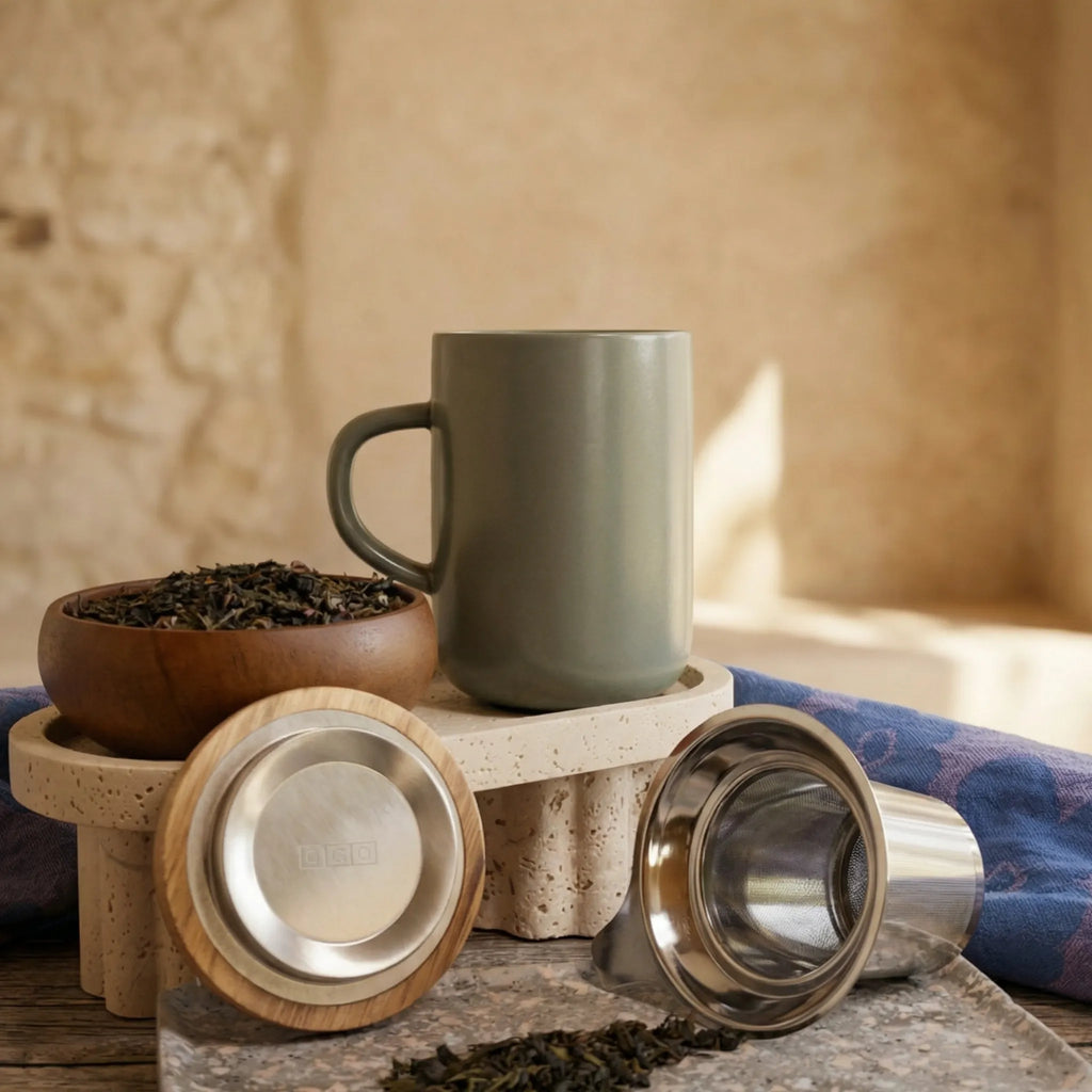 Juliet Almond Stoneware Tea Mug 475ml with stainless steel infuser and acacia lid next to a tea bowl.
