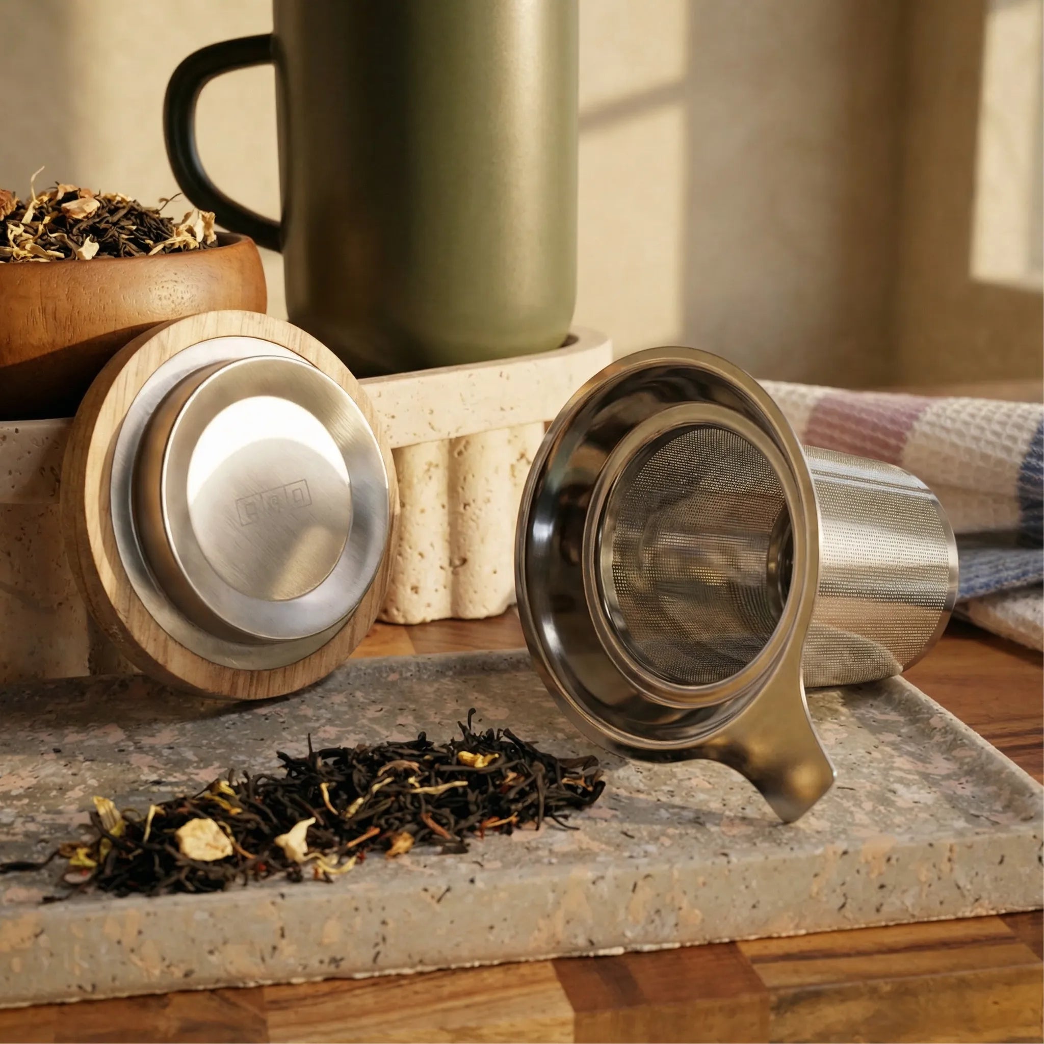 Underside of acacia lid showing OGO logo and stainless steel tea infuser displayed in front of Khaki green mug.