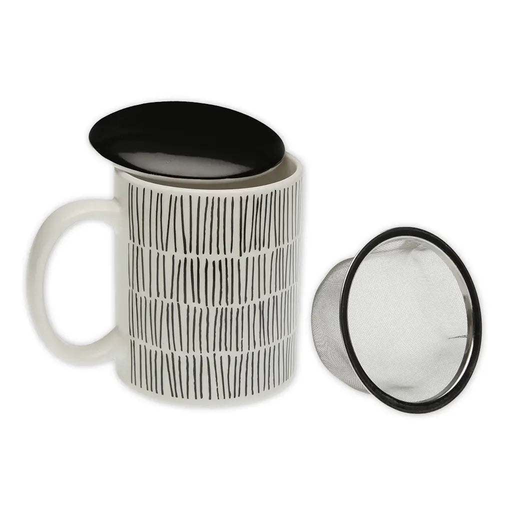 Minimalist black and white stoneware tea cup with vertical lines pattern, stainless steel infuser, and matching black lid, New Lines design by Holy Tea.