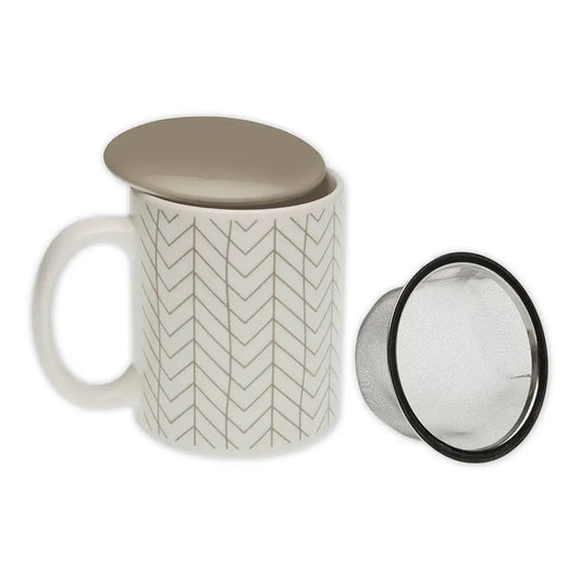 Minimalist chevron-patterned stoneware tea cup with stainless steel infuser and beige lid, Eris design by Holy Tea.