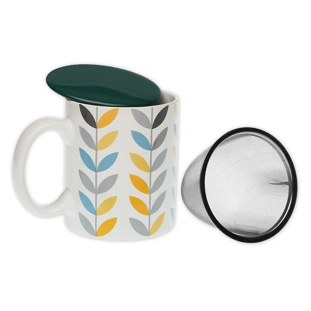 Modern leaf-patterned stoneware tea cup with stainless steel infuser and dark green lid, Erin design by Holy Tea.