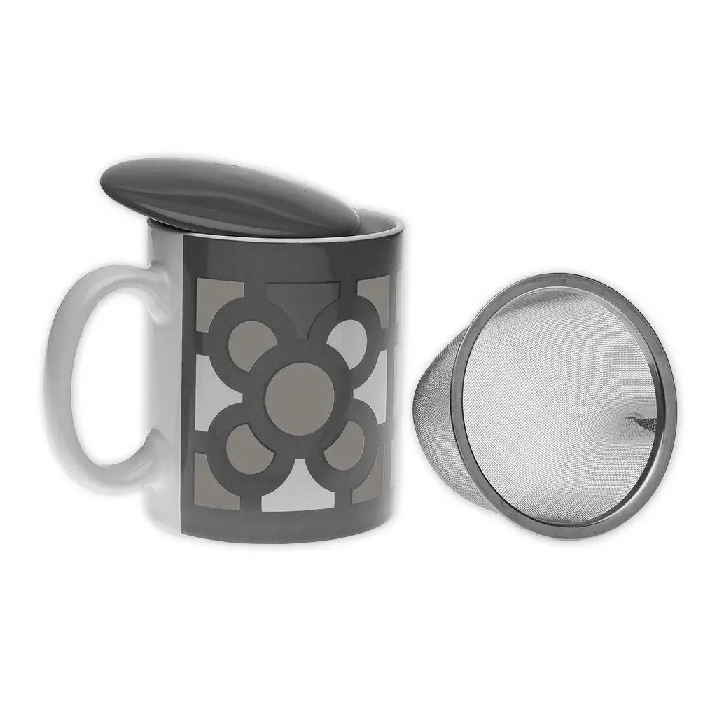 Modern urban-themed stoneware tea cup with geometric gray pattern, stainless steel infuser, and matching gray lid, Gray Urban design by Holy Tea.