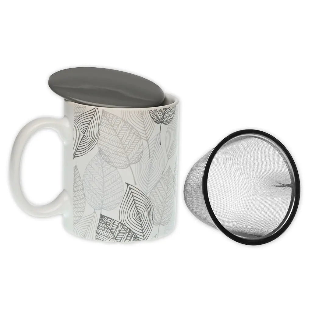 Nature-inspired stoneware tea cup with subtle gray leaf pattern, stainless steel infuser, and matching gray lid, Gardee design by Holy Tea.