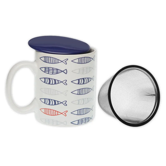 Nautical-themed stoneware tea cup with fish pattern, navy blue lid, and stainless steel infuser, Fish design by Holy Tea.