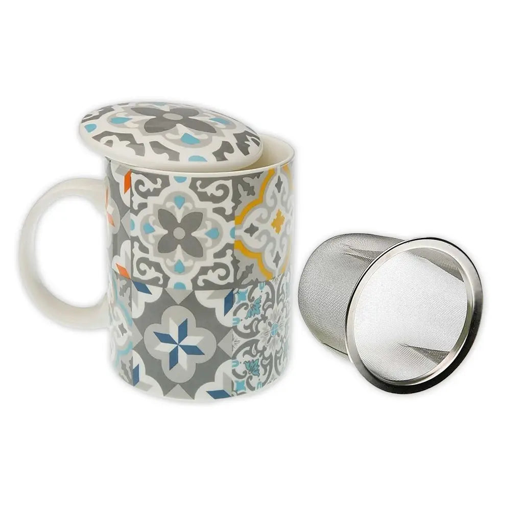 Portuguese tile-patterned stoneware tea cup with stainless steel infuser and matching lid, Alfama design by Holy Tea.