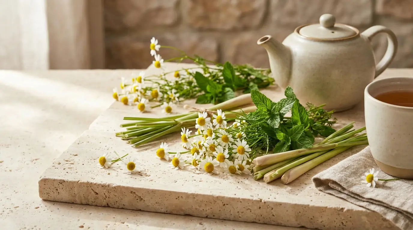 Mediterranean herbal tea botanicals including chamomile, mint and lemongrass arranged on travertine stone in soft natural light.