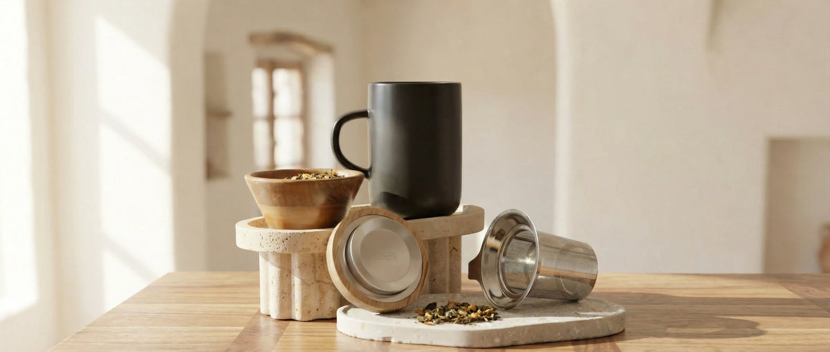 Juliet Stoneware Tea Mugs with Infuser & Acacia Lid
